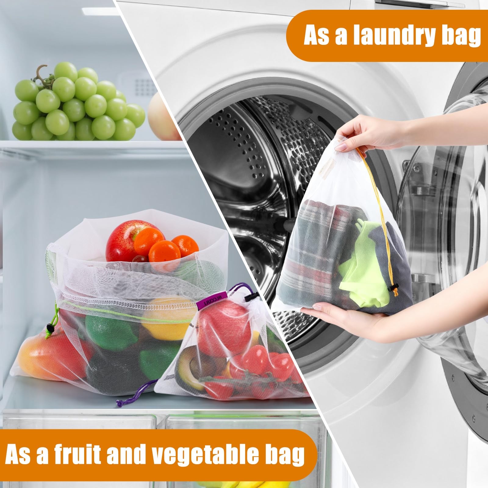15 Pack Reusable Produce Bags,Washable Mesh Produce Bags,Mesh Grocery Bag wit…