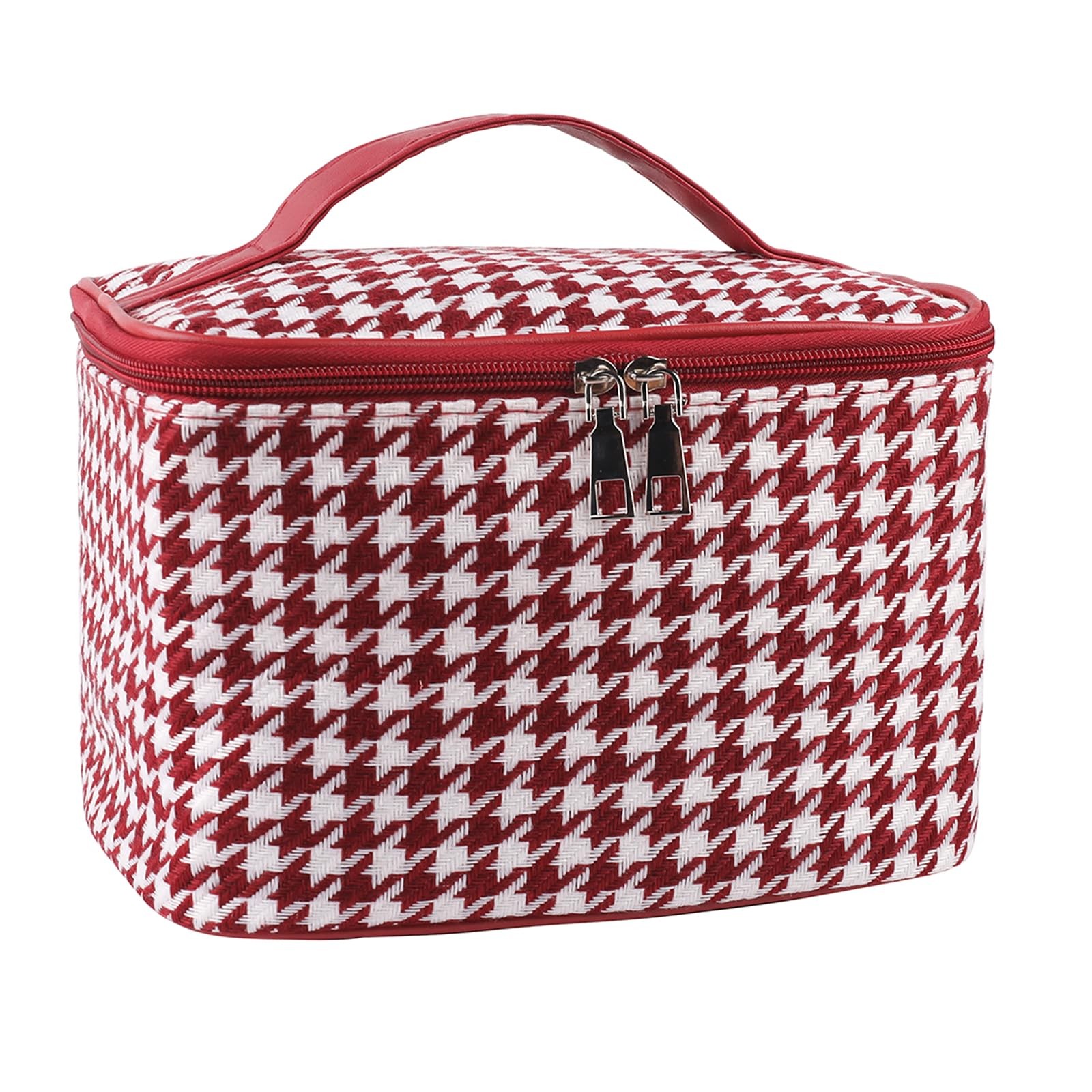 lllyan Travel Makeup Bag,Large Capacity Cosmetic Bags for Women Grid Wine Red