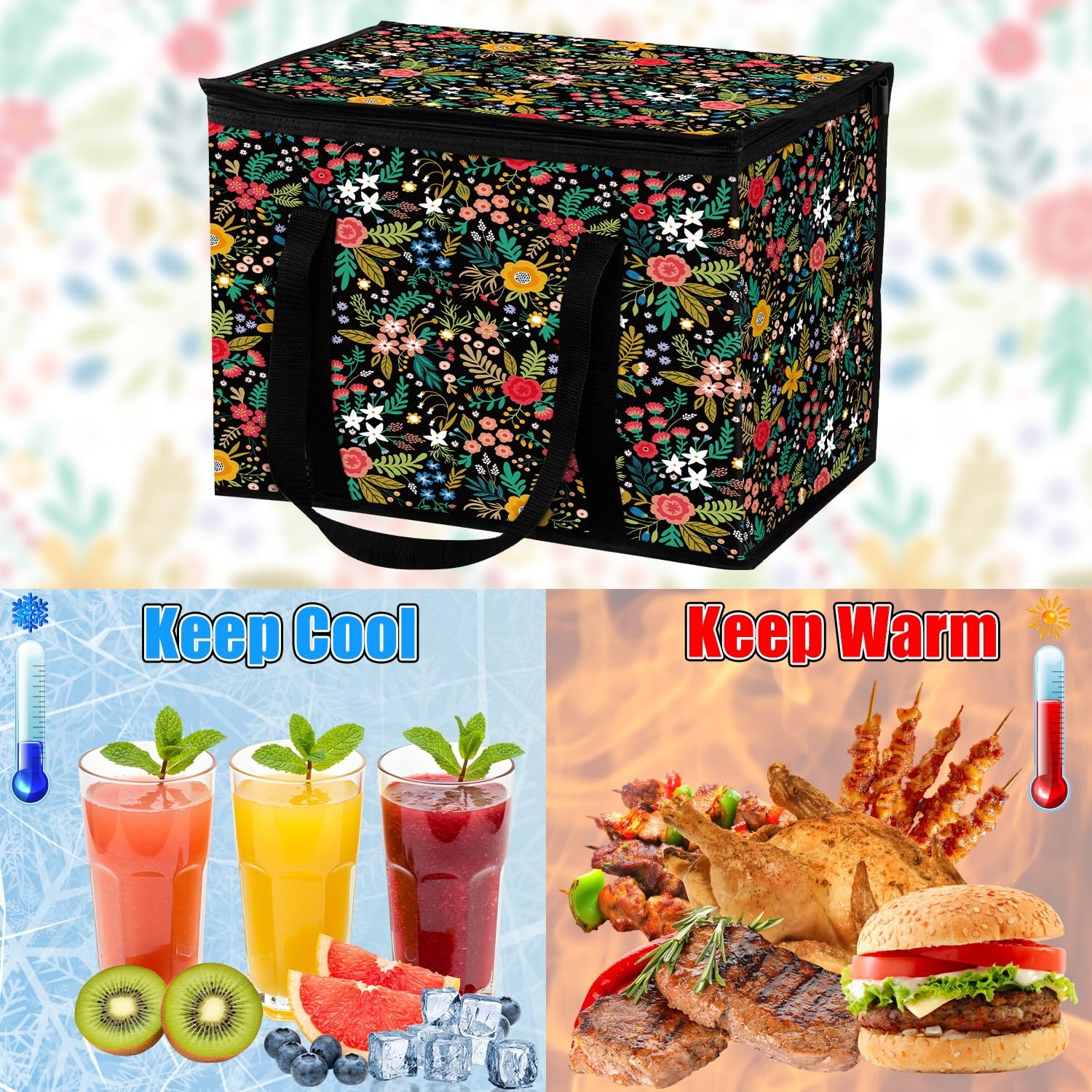 40L Flower Insulated Reusable Grocery Cooler Bag Thermal 15.7×11.8×12.2 In