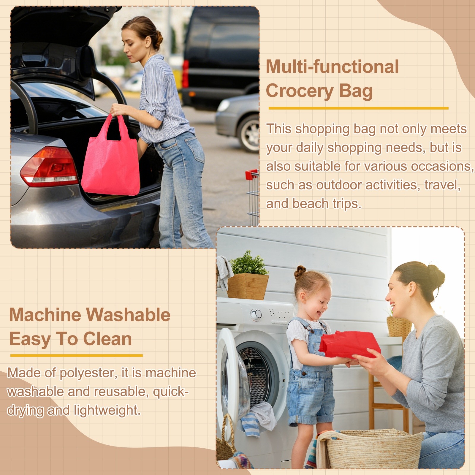 Washable Shopping Bags with Handles Bulk, Foldable Grocery Bags, Purple&L