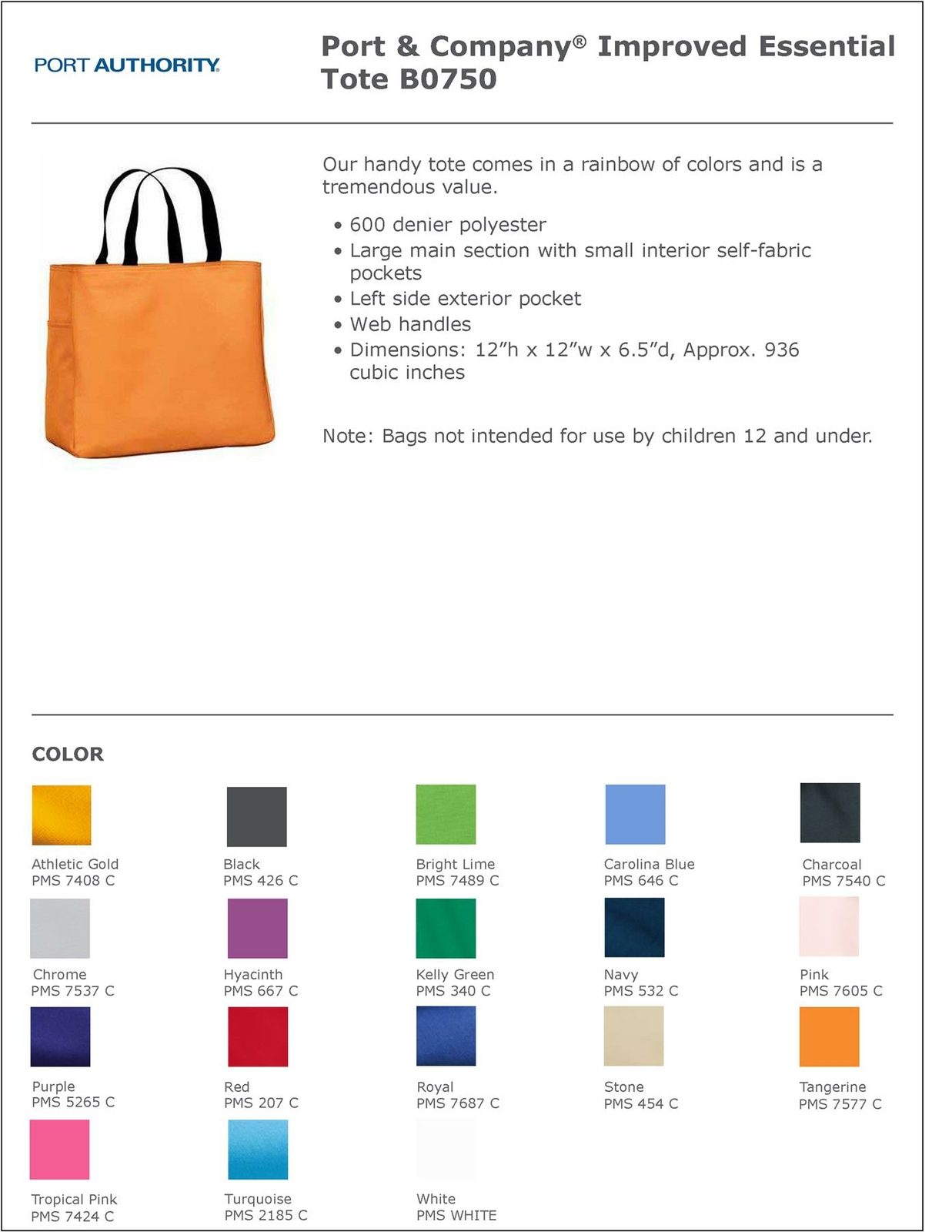 Port Authority Essential Tote Bag Exterior Side Pocket Web Handles B0750