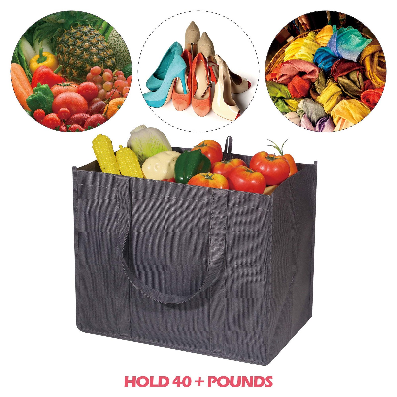 Grey 10 Pack Extra Large Super Strong Heavy Duty Reusable Grocery Shopping Tote