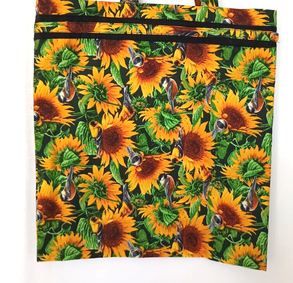 Reusable Shopping Tote Bag Sunflowers Birds Foldable Multicolor Cotton Handmade
