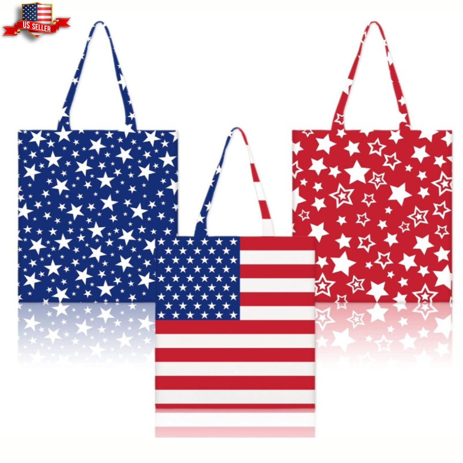 3Pcs Patriotic Canvas Tote Bags Red Blue Star American Flag Grocery Shopping Bag