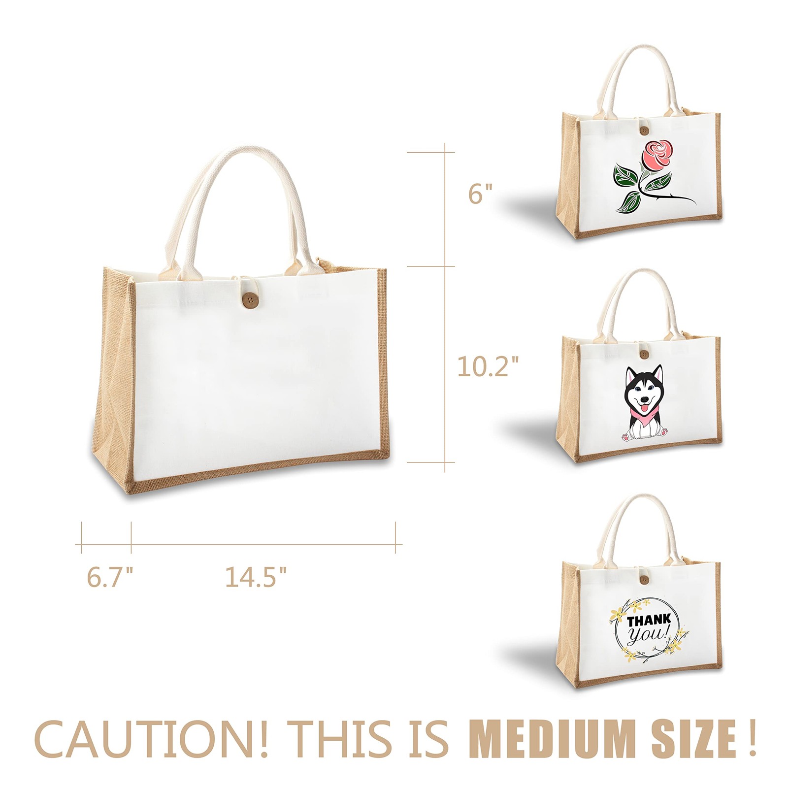 6 PCS Jute Travel Tote Bags 14.5×6.7×10.2 Burlap Button Handle Grocery DIY