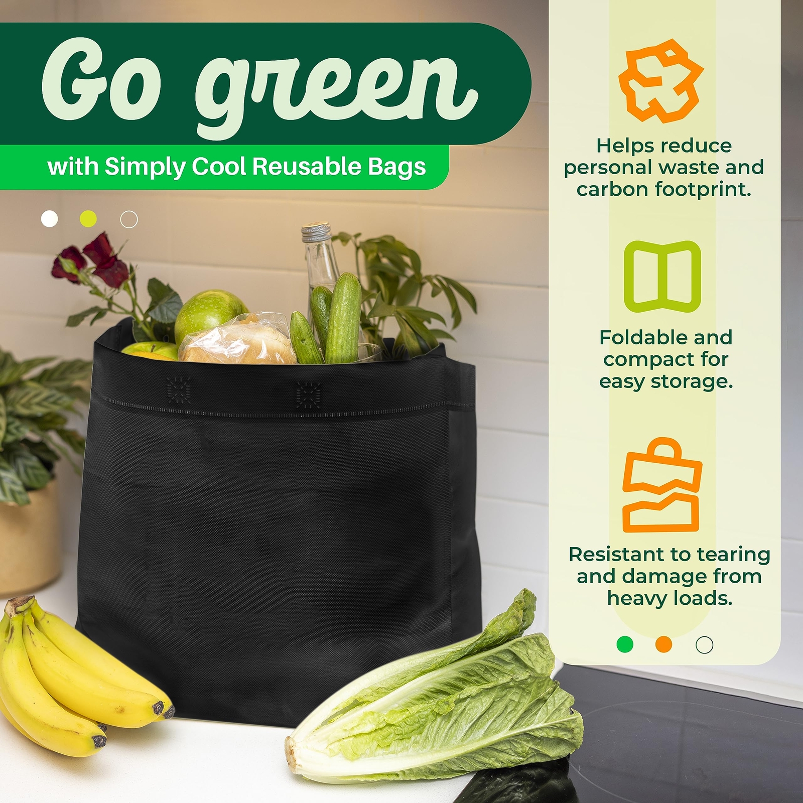 50 Pack Black Reusable Ecofriendly Large Grocery Shopping Bags 14.5x14x6.6 Du