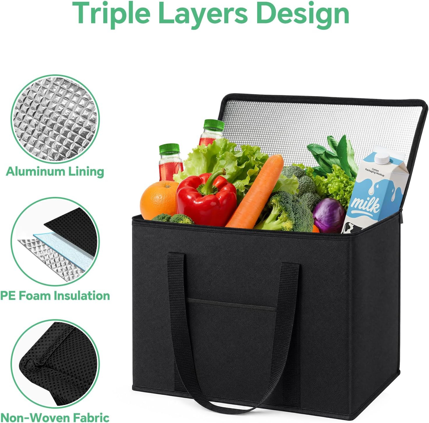 2 Pack Insulated Grocery Bags, Collapsible Insulated Cooler Bag, Reusable Shoppi