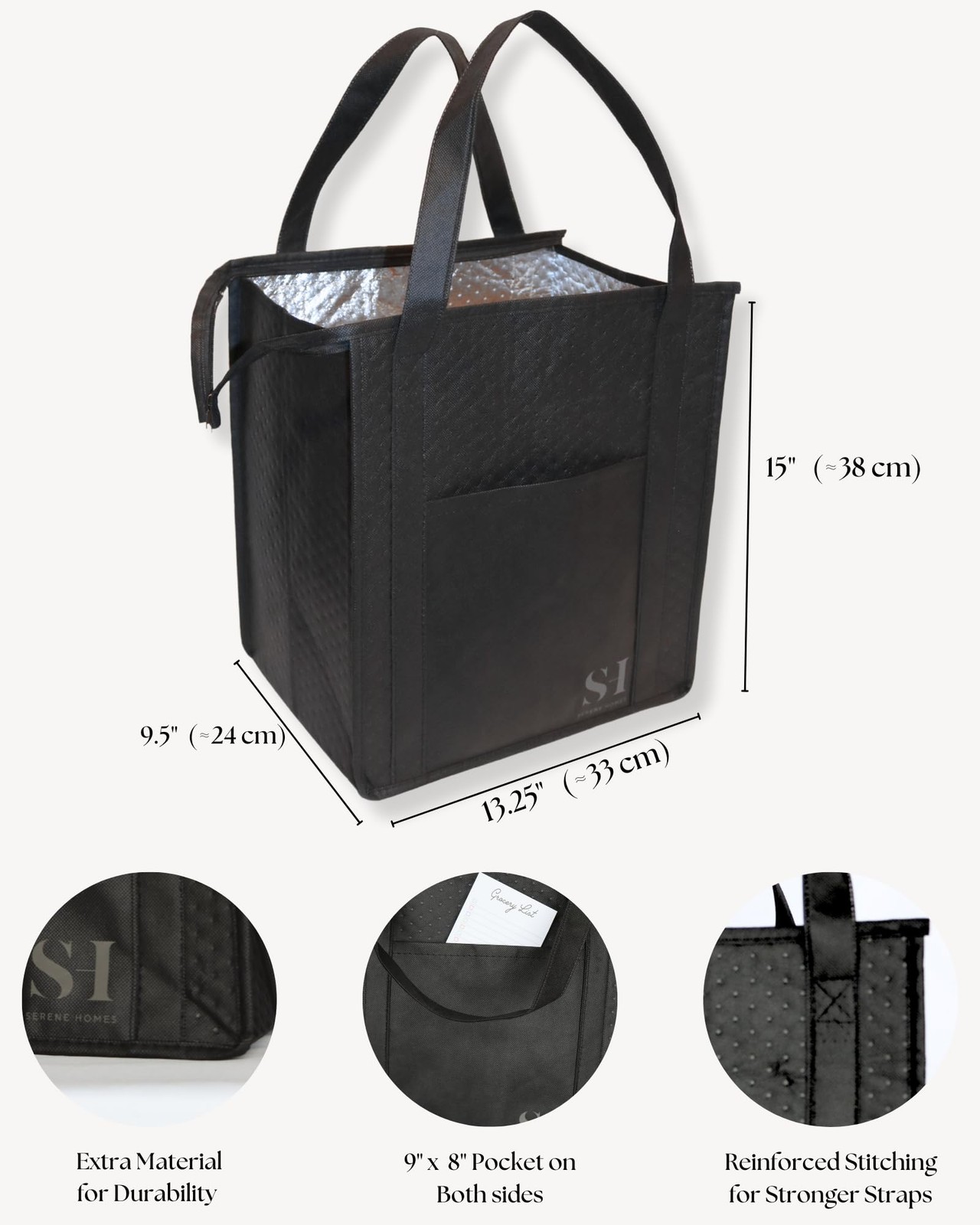 Black Insulated Grocery Bags, 4 Pack Reusable Shopping Bags with Zippered Top