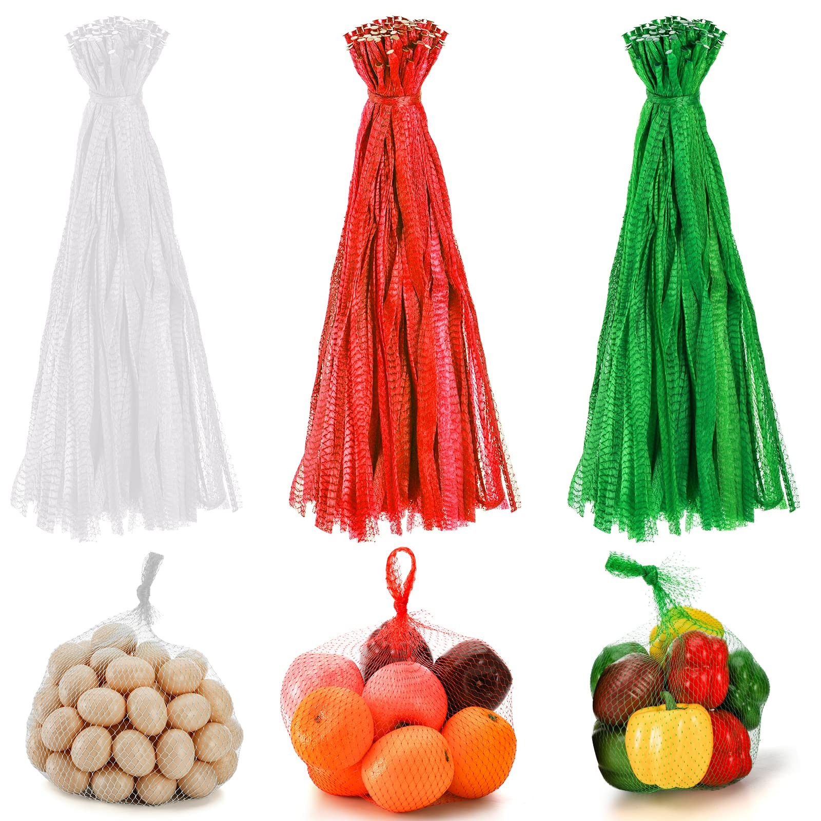 Frcctre 300 Pack Plastic Mesh Bags, Reusable 23 23 Inch, Red, Green, White
