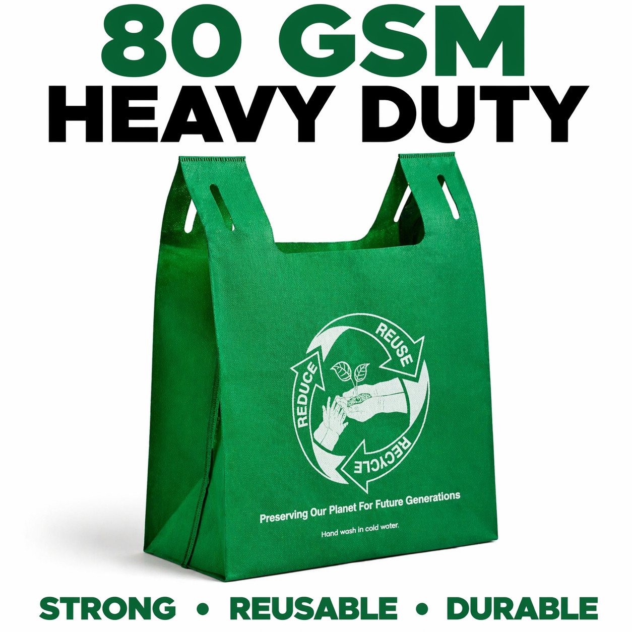 Blue Green Reusable Grocery T Shirt Bags Thank You 11 x 7 x 19 80 GSM Bulk