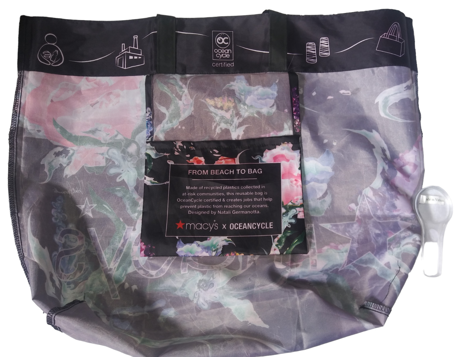 MACY”S Reusable Ocean Recycled Black Floral Beach Tote Handbag