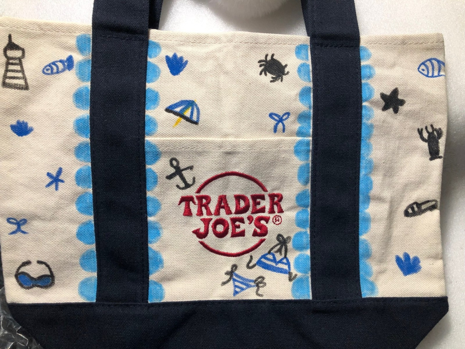 Ocean Hand Drawn Trader Joe’s Mini NAVY BLUE Canvas Tote Bag 13″Wx10″L(S)