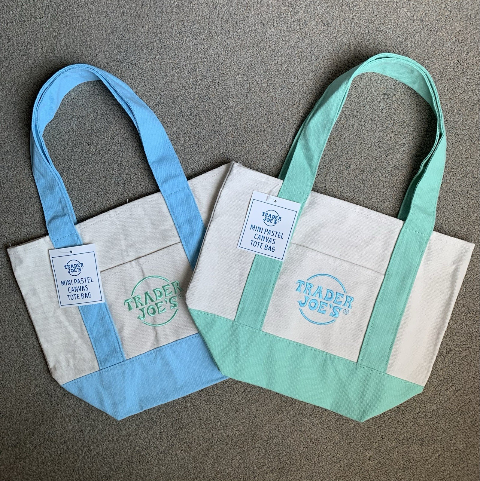 NWT Trader Joe’s Pastel Mini Totes, Canvas, 2 Colors: Mint Green, Baby Blue
