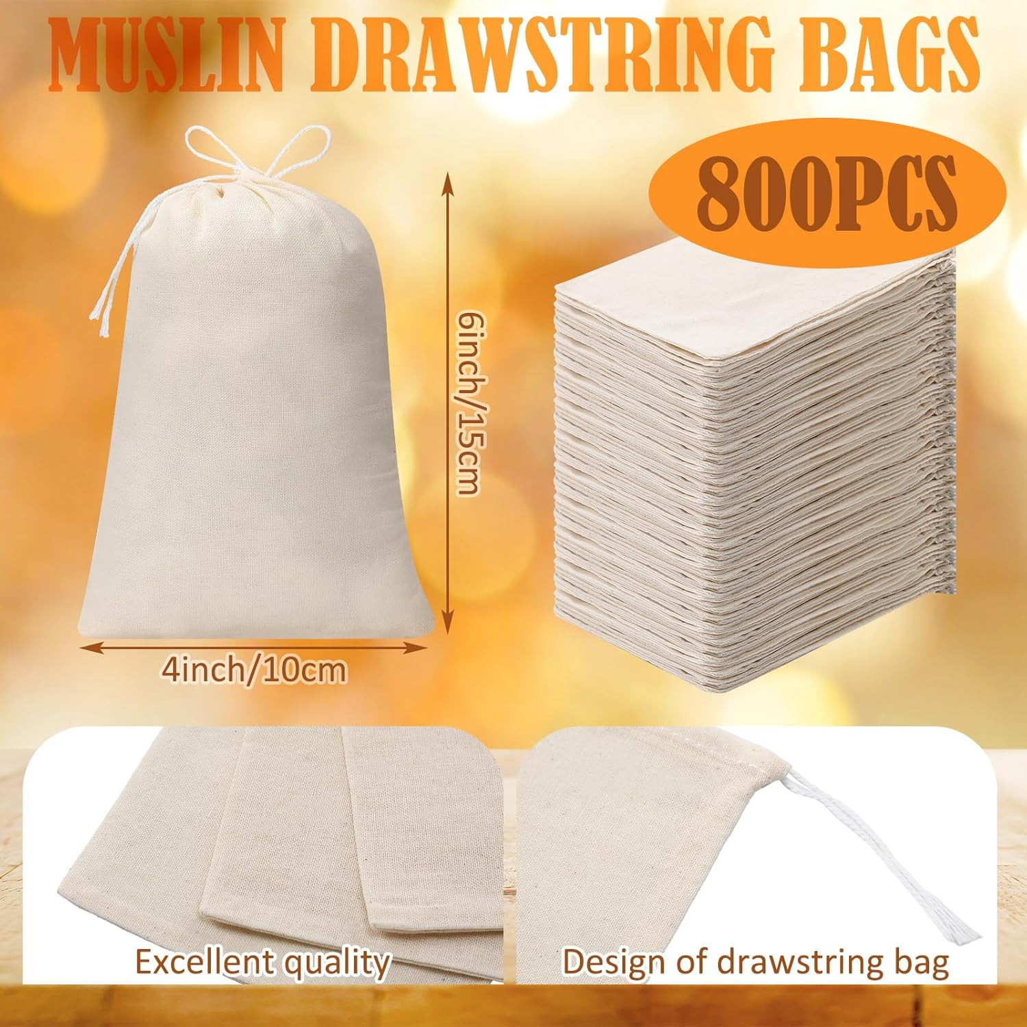 800 Reusable Cotton Muslin Bags with Drawstring for Gifts & Favors