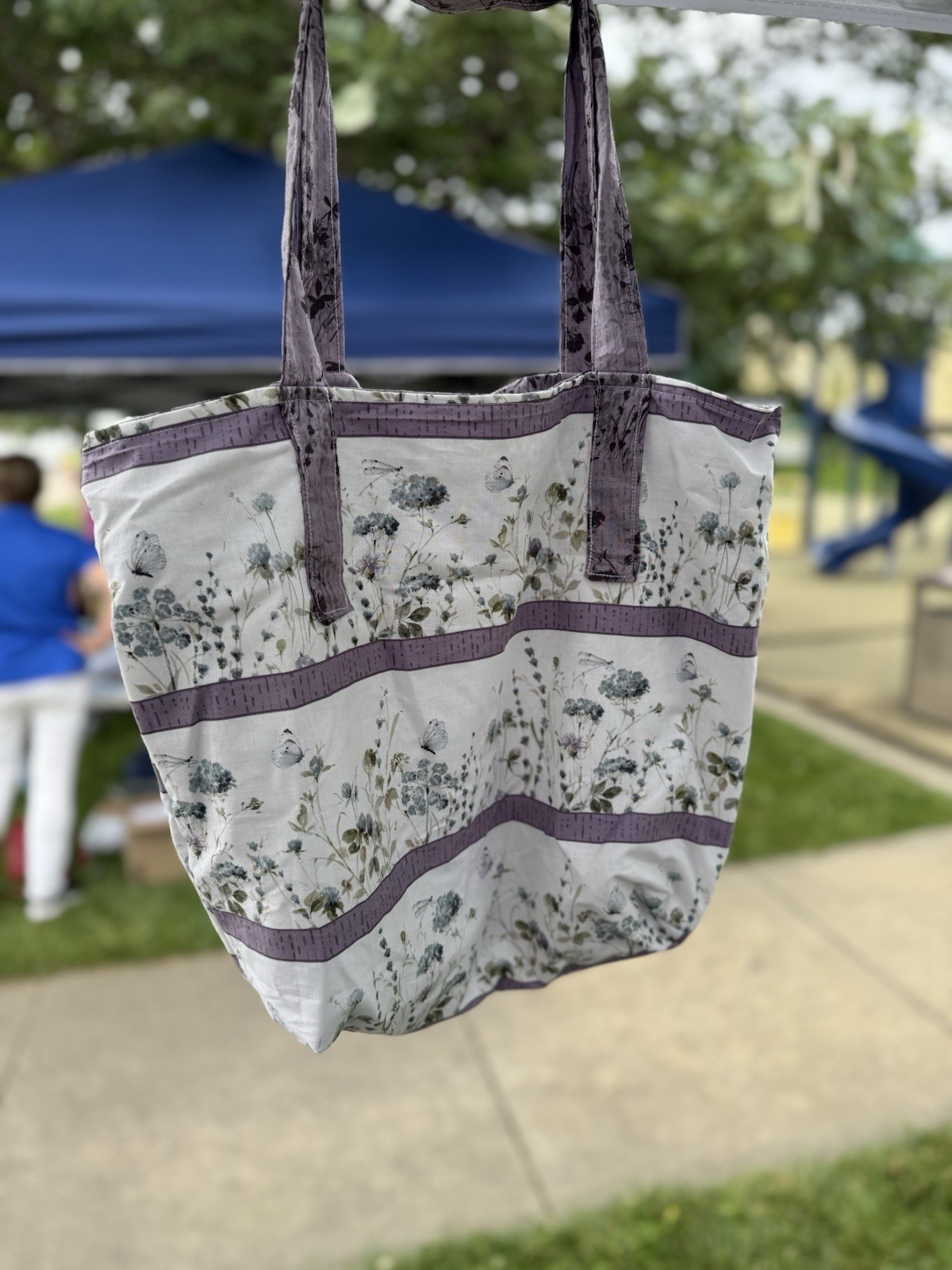 Handmade Reusable Floral Tote Shopping Bag w/ Shoulder Straps, Purple & White