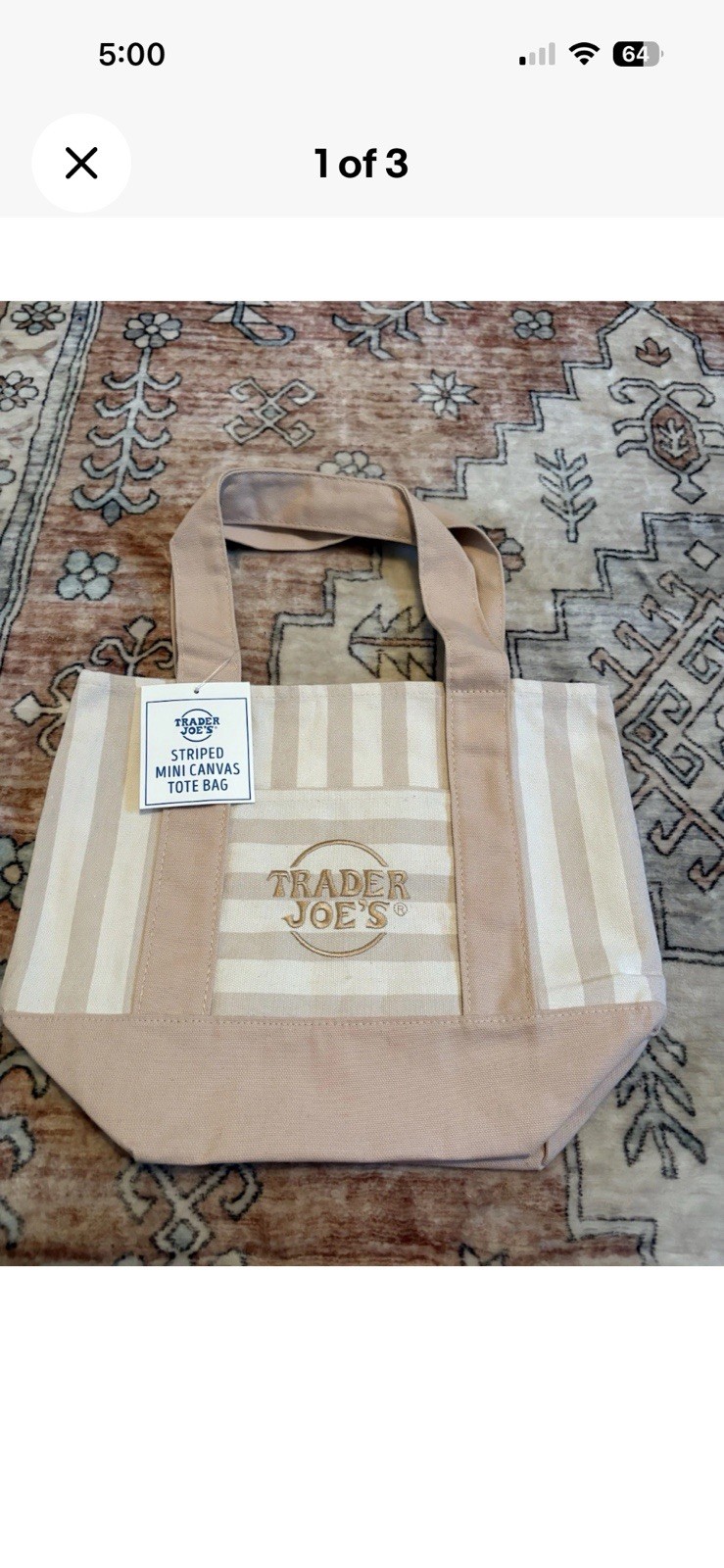 Trader Joe’s Striped Mini Canvas Tote Bag Beige/White Cotton Polyester