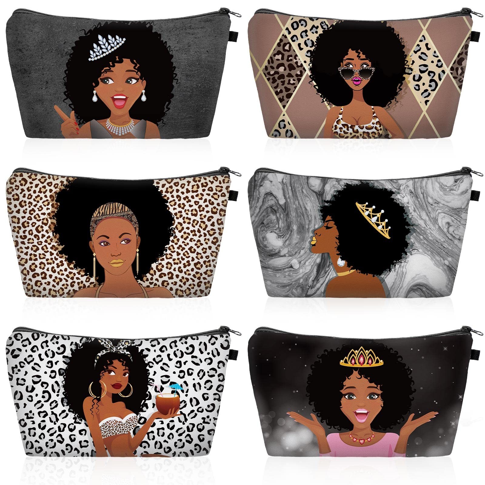Chunful 6 Pcs Women Girl Makeup Bag African American Queen Cosmetic Elegant