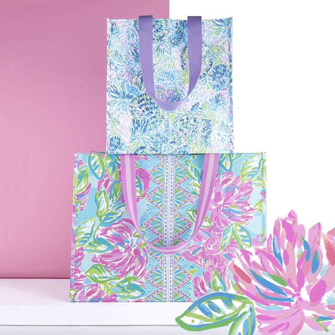 Lilly Pulitzer Purple/Blue Market Shopper Bag Reusable Grocery Tote with Comf…