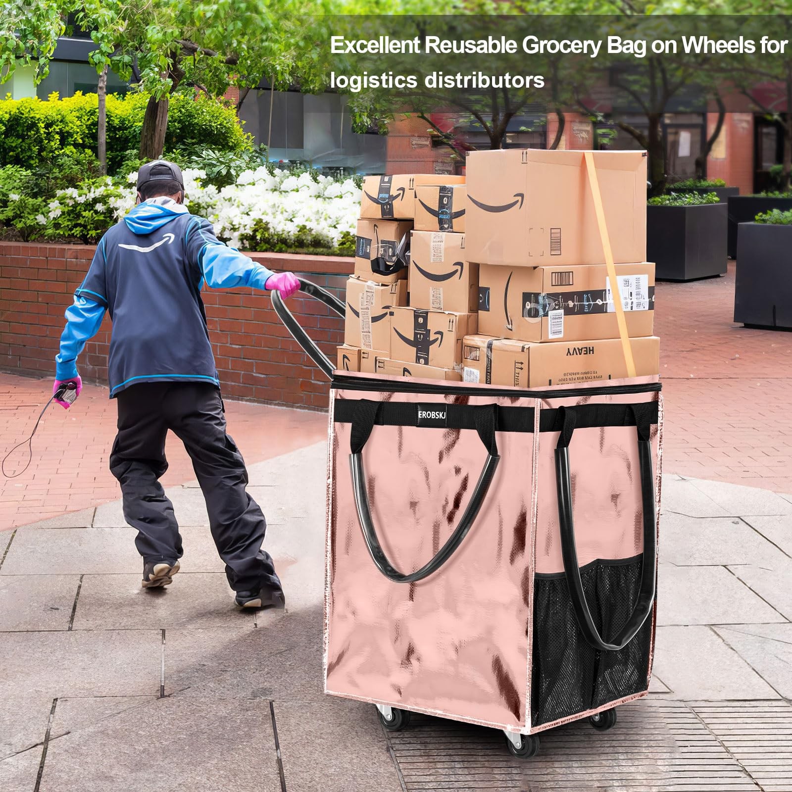 EROBSKJ (Large,Rose Gold) Reusable Grocery Bag on Wheels, Large, Rose Gold