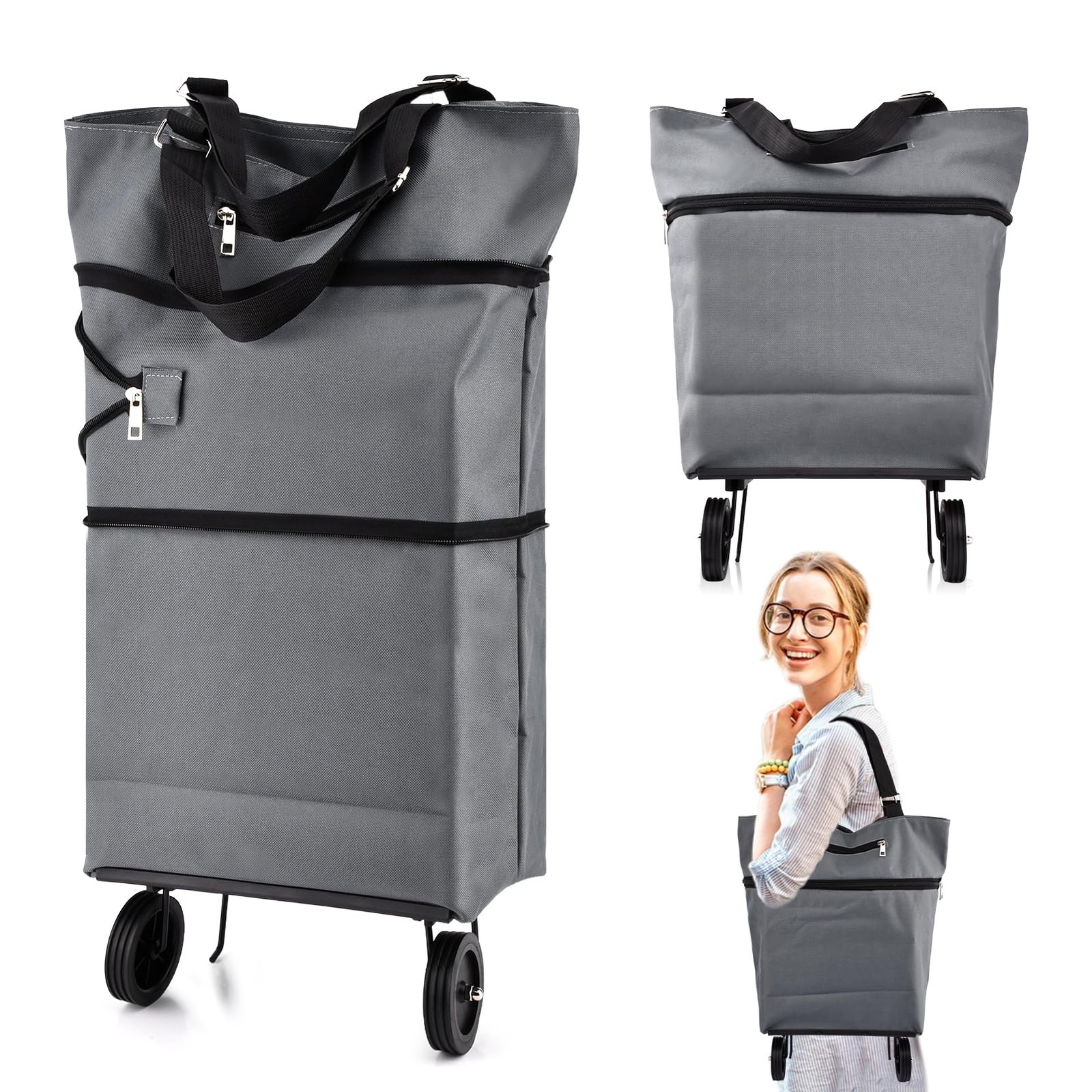 Collapsible Shopping Cart with 360° Swivel Wheels, Portable Folding Trolle-y …