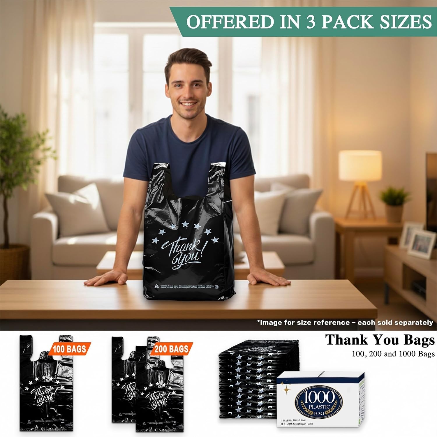 100-Pack Sturdy Black Thank You T-Shirt Bags, Large Grocery Bags 11x6x21
