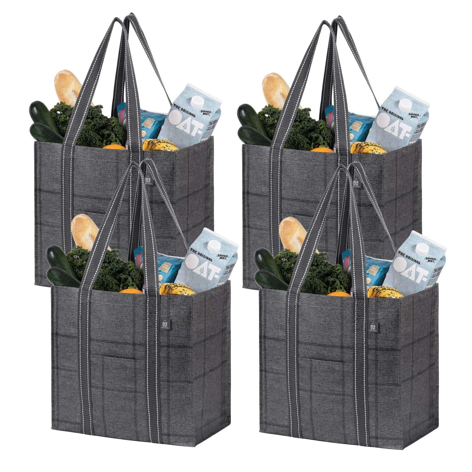 VENO 4 Pack Reusable Grocery Bags with Hard Bottom, Large, Windowpane