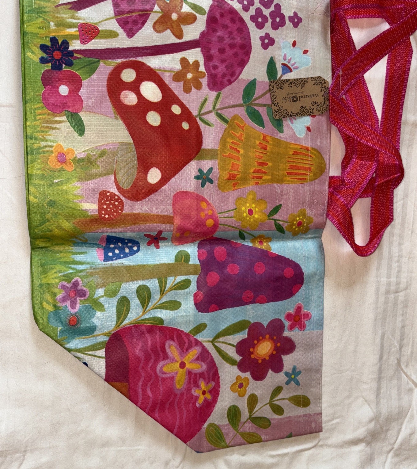 NATURAL LIFE Mushrooms Flowers Colors Boho XL Reusable Tote Bag Live Happy NWT