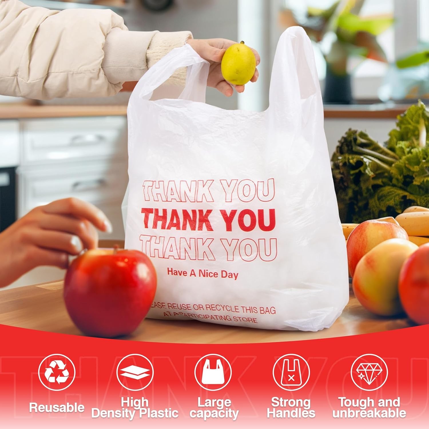 Grocery Bags – 40Count Thank You T-shirt Bags for Grocery Store 11″ X 21″