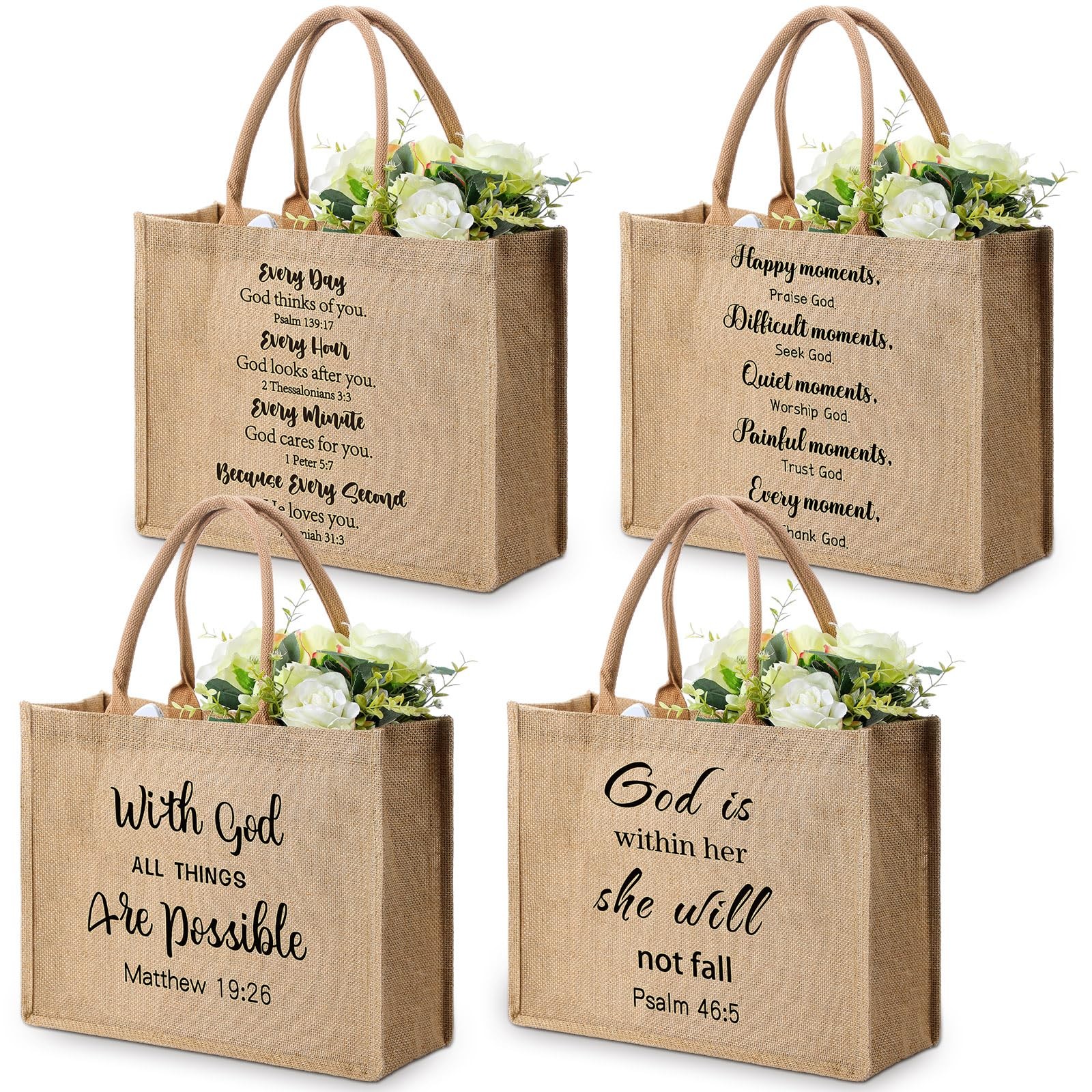 4 Pack Church Mother’s Day Burlap Tote Bags 15.3x12x6 Inch Brown Handle