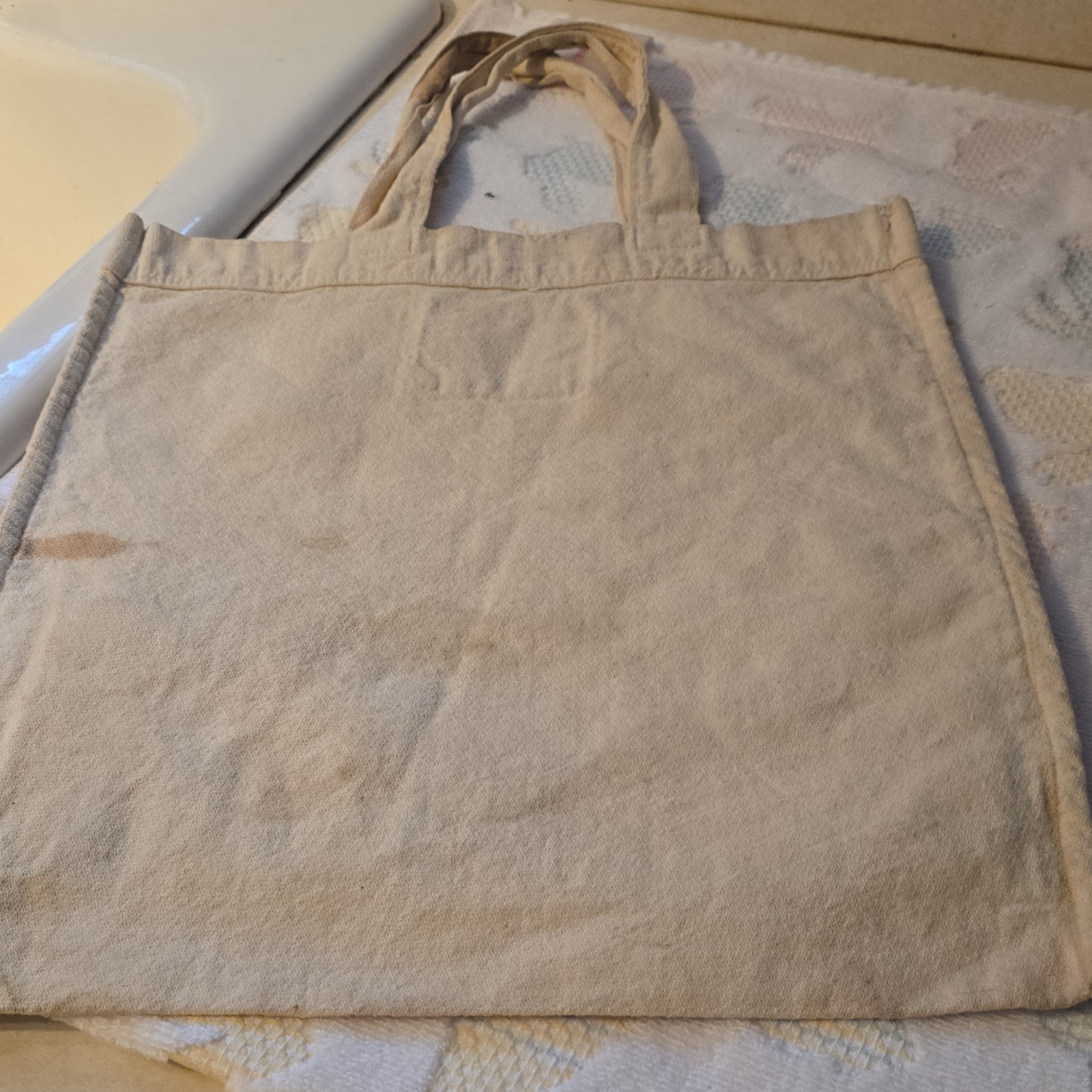 Foldable Canvas Appliqué Reusable Shopping Bag Beige Multicolor