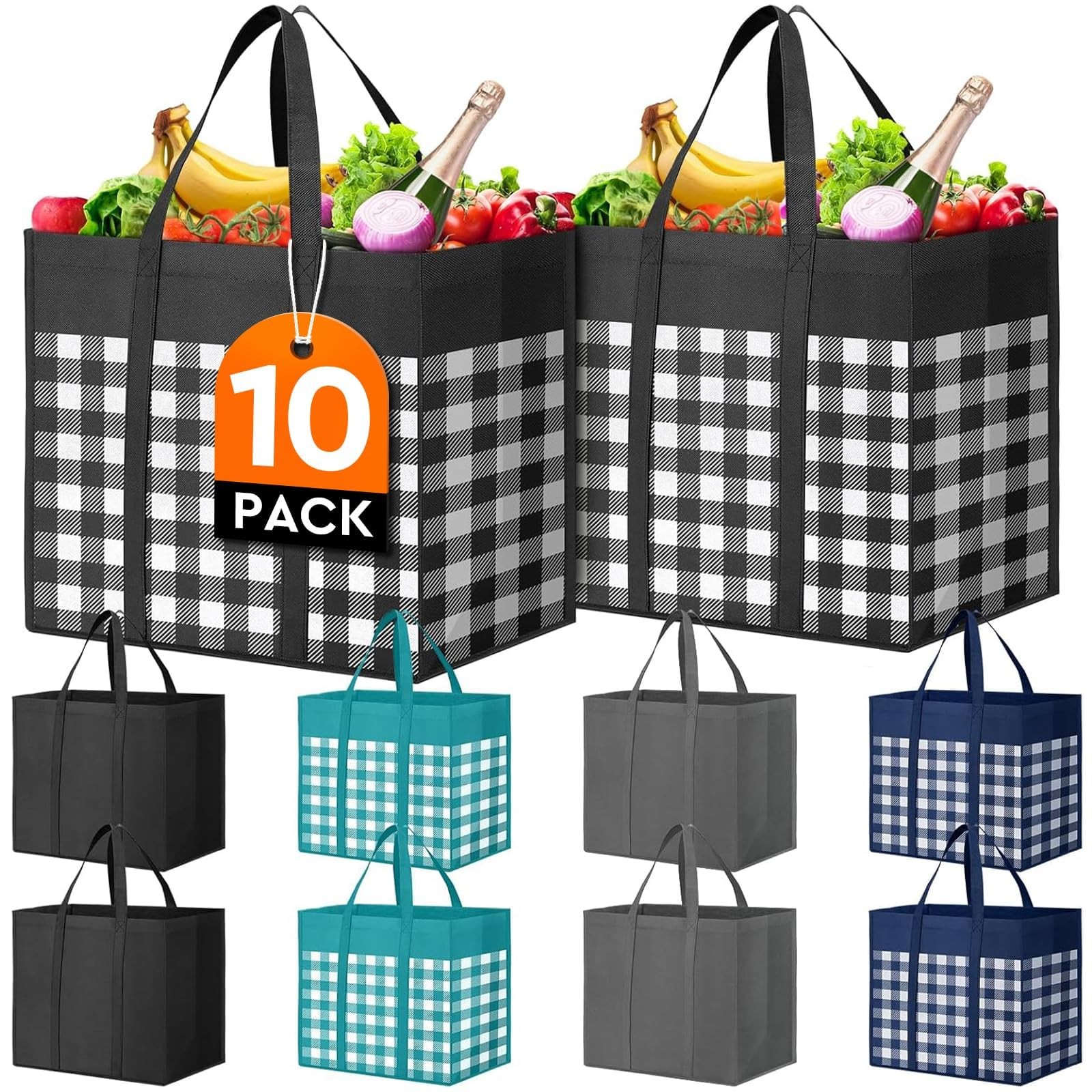WISELIFE Reusable Grocery Shopping Bags 10 Pack Large Foldable Tote Bags Bulk…