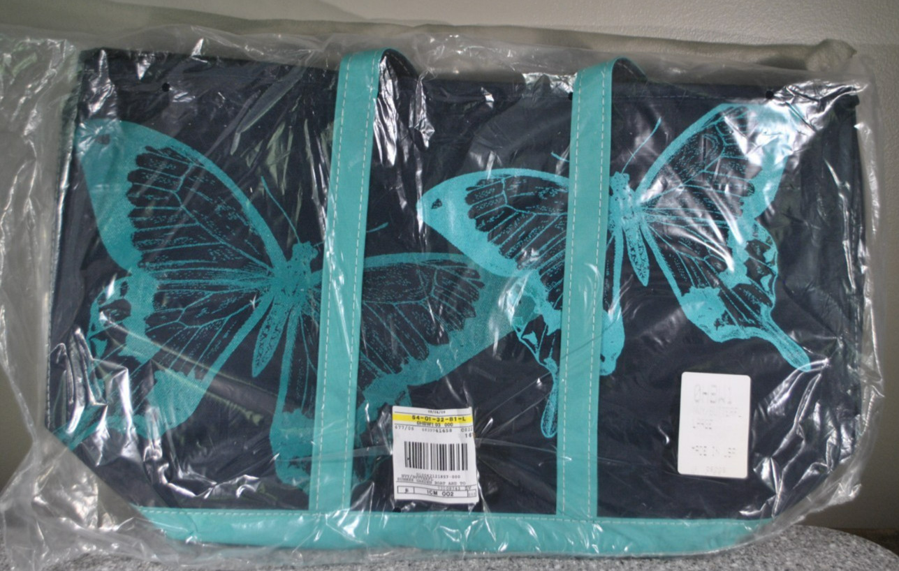 LL Bean Tote Bag, LARGE Blue Teal with Butterflies, Summer Garden Tote NWT