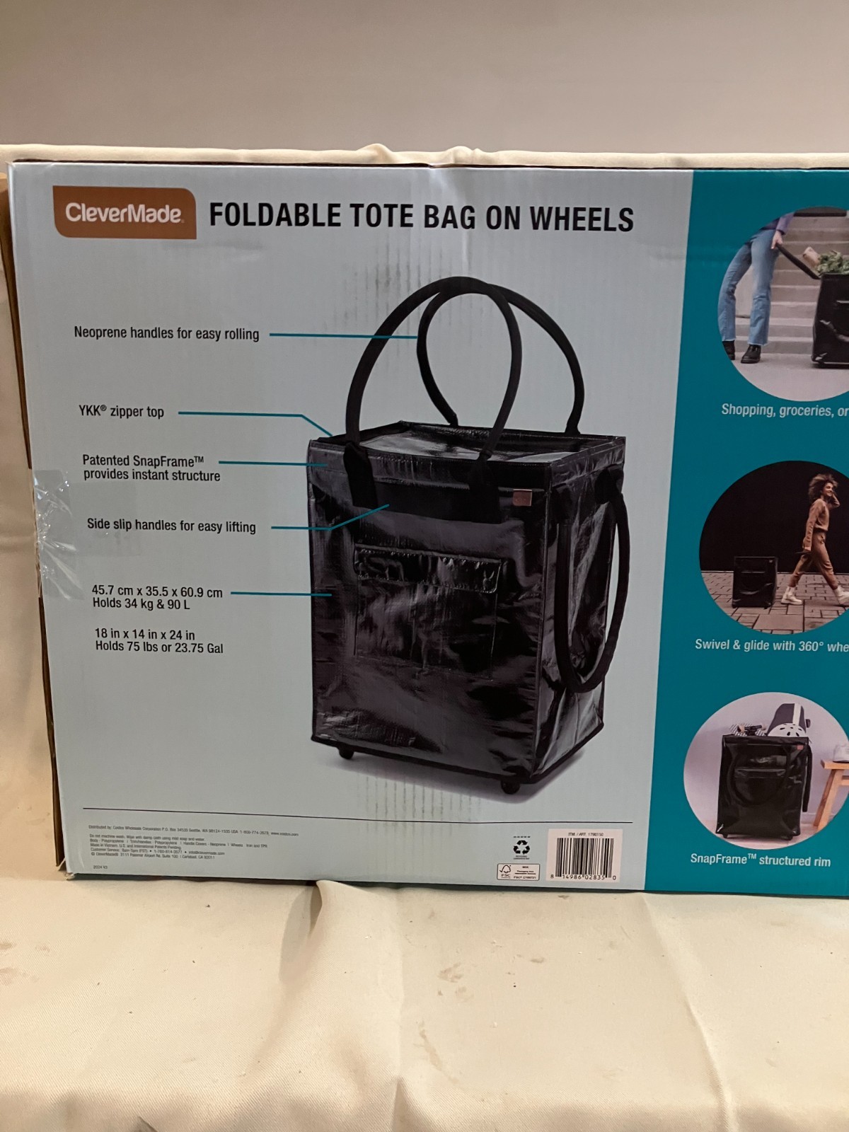 CleverMade Foldable Tote Bag on Wheels Soft Grip Black Capacity: 90L & 75 lbs.