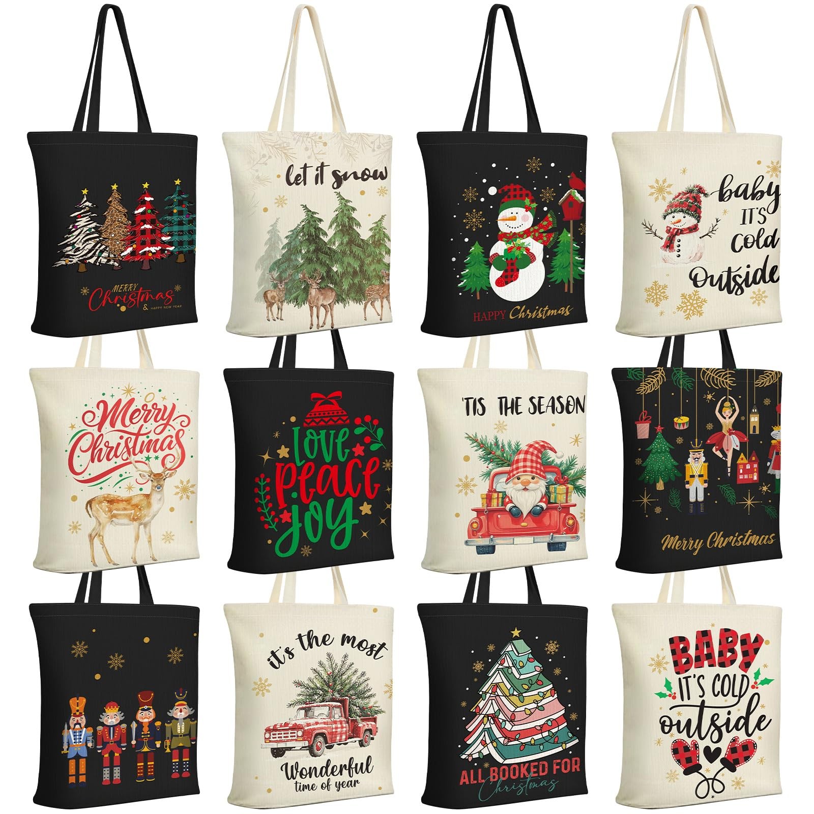 12 Pack Christmas Tote Bags with Pockets, Reusable Canvas Holiday Gift Bags, …