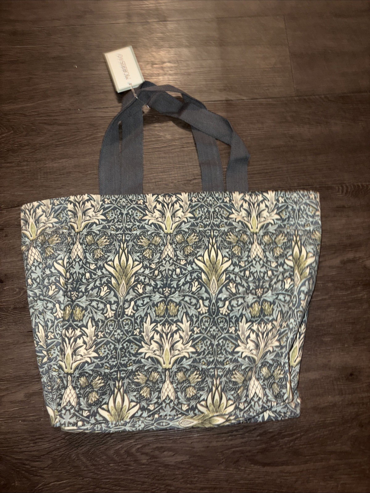 New MORRIS & Co. 100% COTTON CANVAS Blue FLORAL TOTE BAG 16”L 15”H 6”W Sturdy
