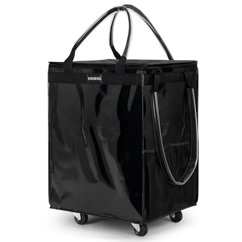 (,) Reusable Grocery Bag on Wheels, 70L Foldable Rolling Medium Black
