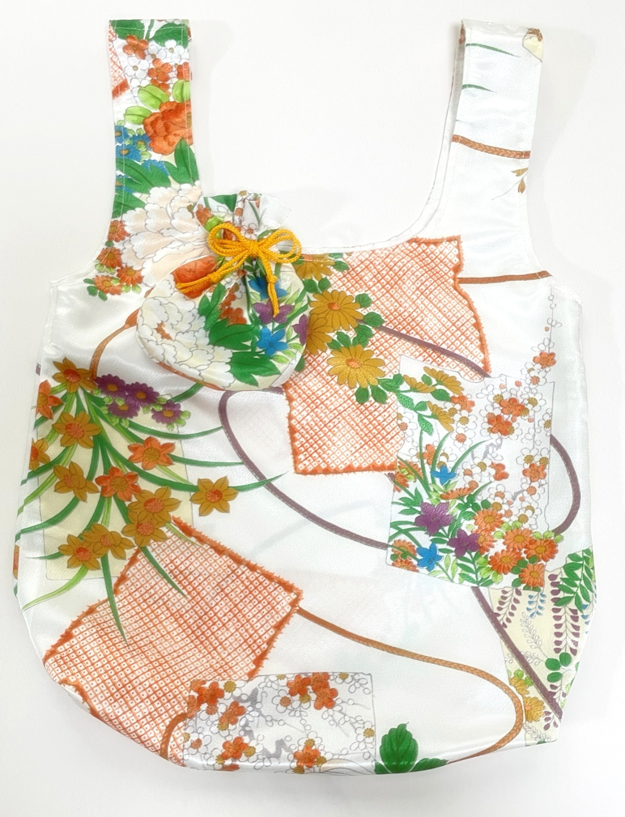 Handmade Foldable Eco Bag from Vintage Japanese Kimono with Pouch
