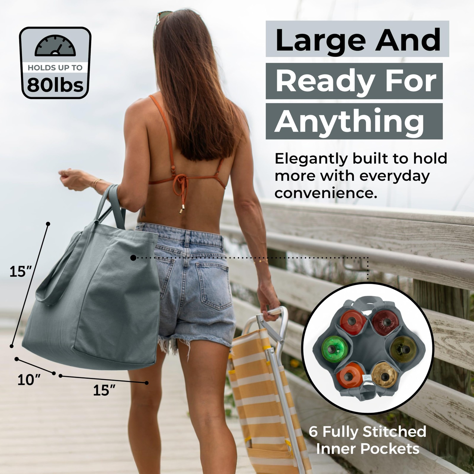 Canvas Grocery Bag 3pc Jumbo Set with Real Pockets, Long Shoulder Strap and S…