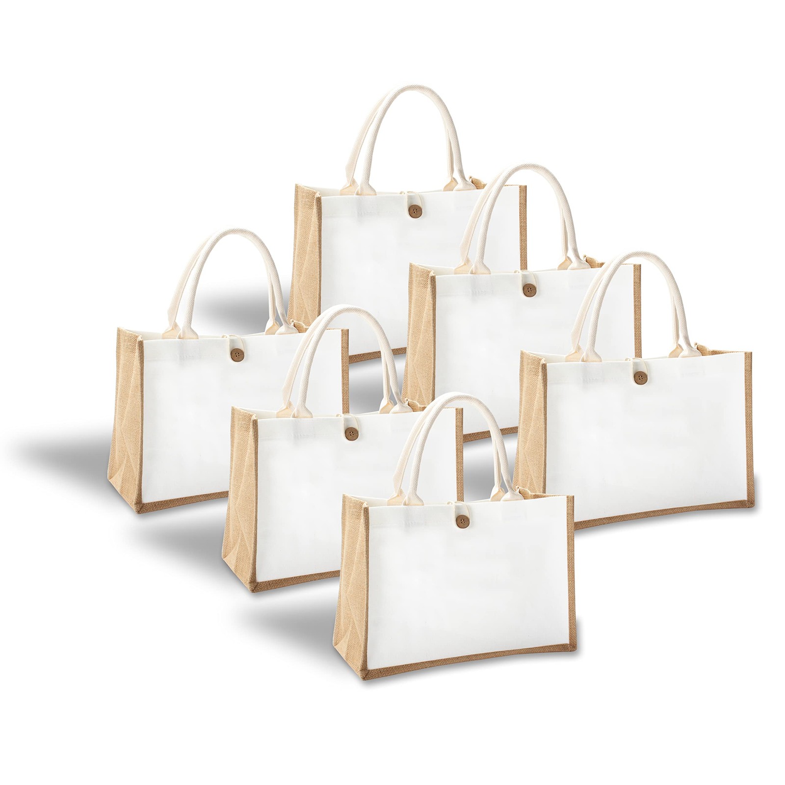 6 PCS Jute Travel Tote Bags 14.5×6.7×10.2 Burlap Button Handle Grocery DIY