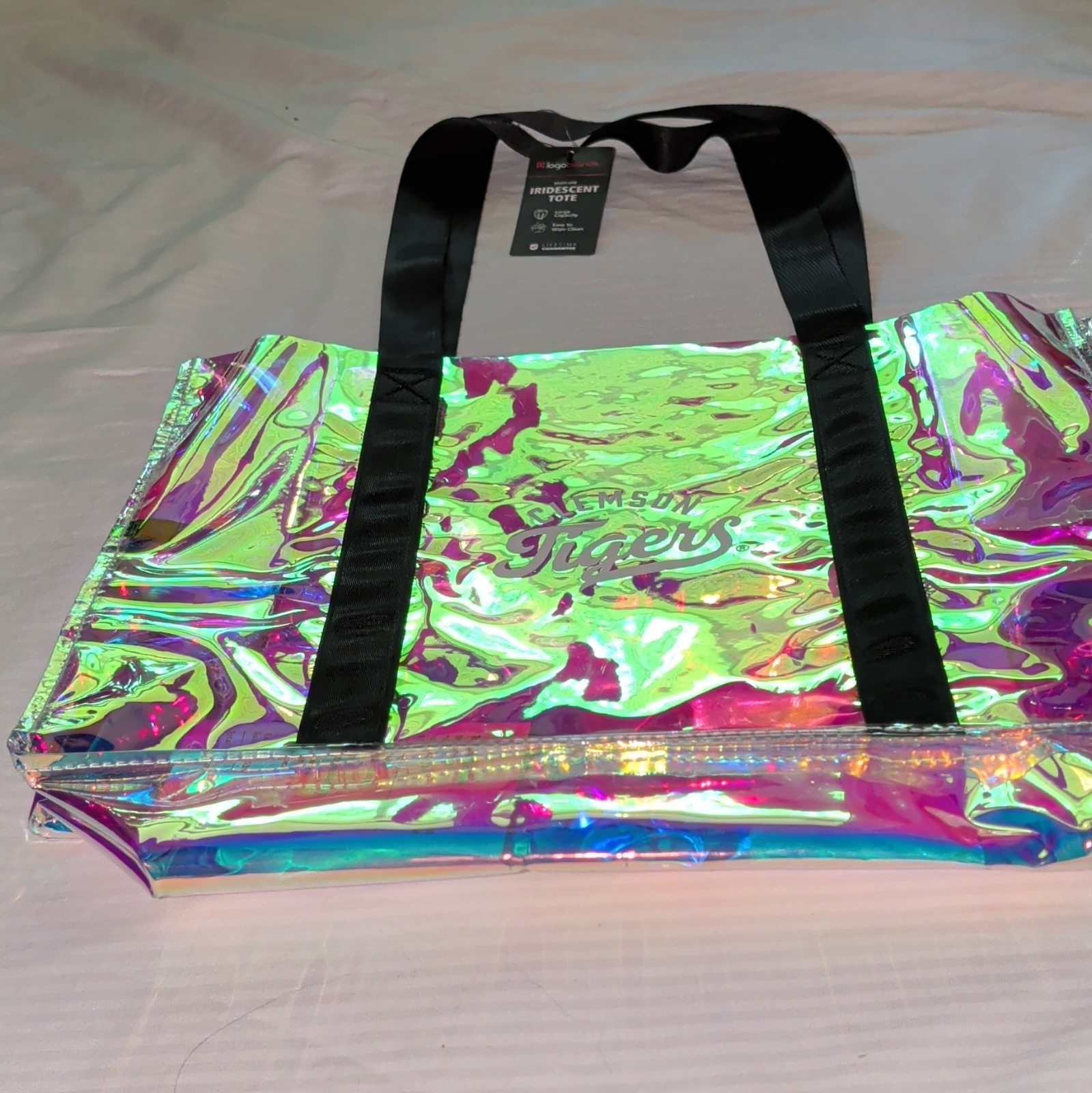 Logo Brands Clemson Tigers Iridescent PVC Foldable Tote Bag 16.93×6.30x13in