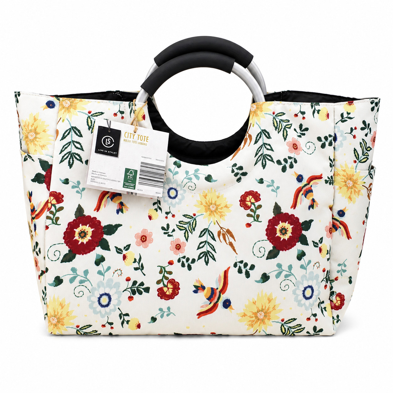 NEW Living In Style City Tote Floral Large Tote Shopping Bag Round Handles NWT