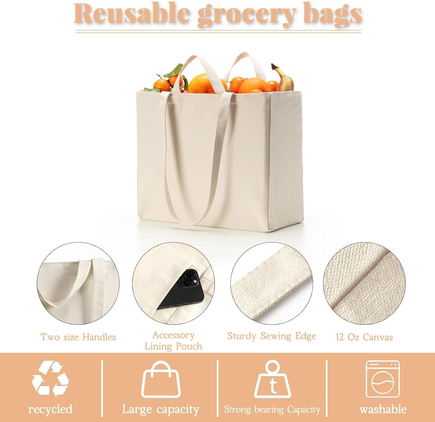 Canvas Tote Bag Reusable Grocery Bags with Long Shoulder Strap and Short Handle