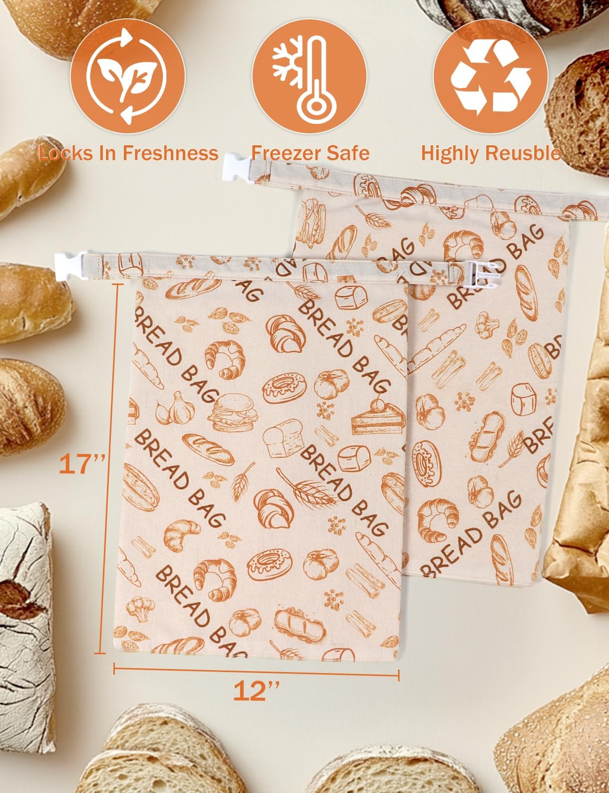 Reusable Beeswax Bread Bags(2 Pack), Bags for X-Large, Brown