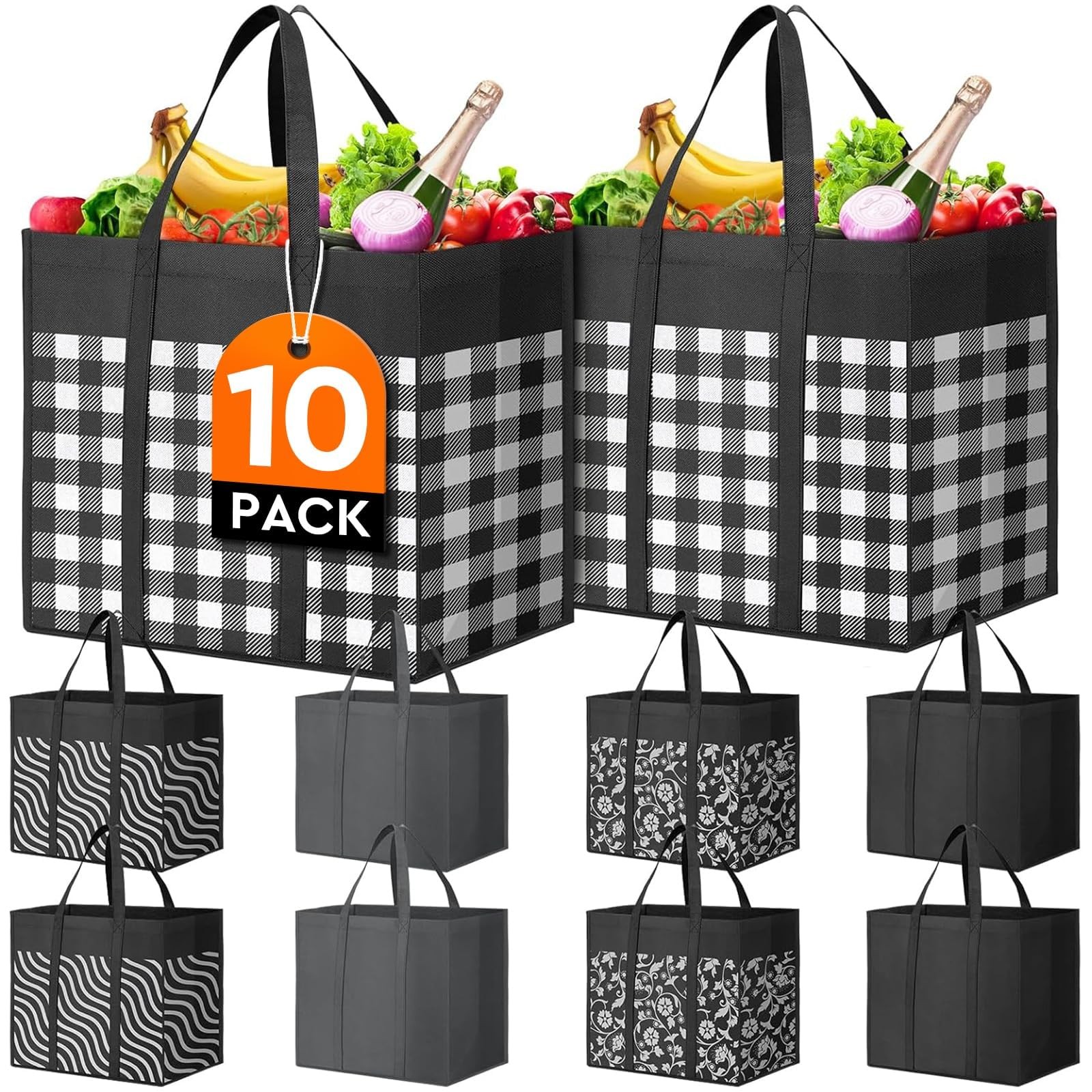 WISELIFE Reusable Grocery Shopping Bags 10 Pack Large Foldable Tote Bags Bulk…