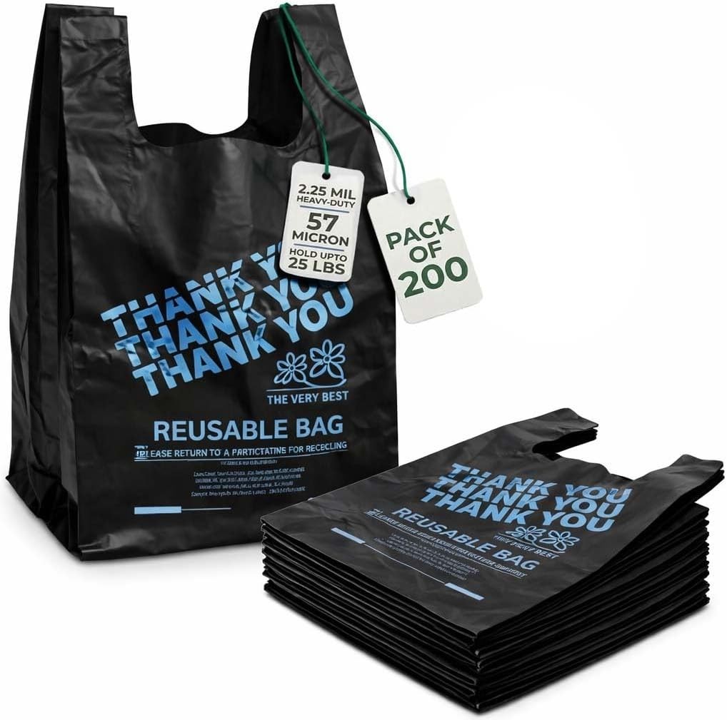 Thank You T-Shirt Bags 2.25 Mil Heavy Duty LDPE 12x7x22 Plastic Grocery Bags 200