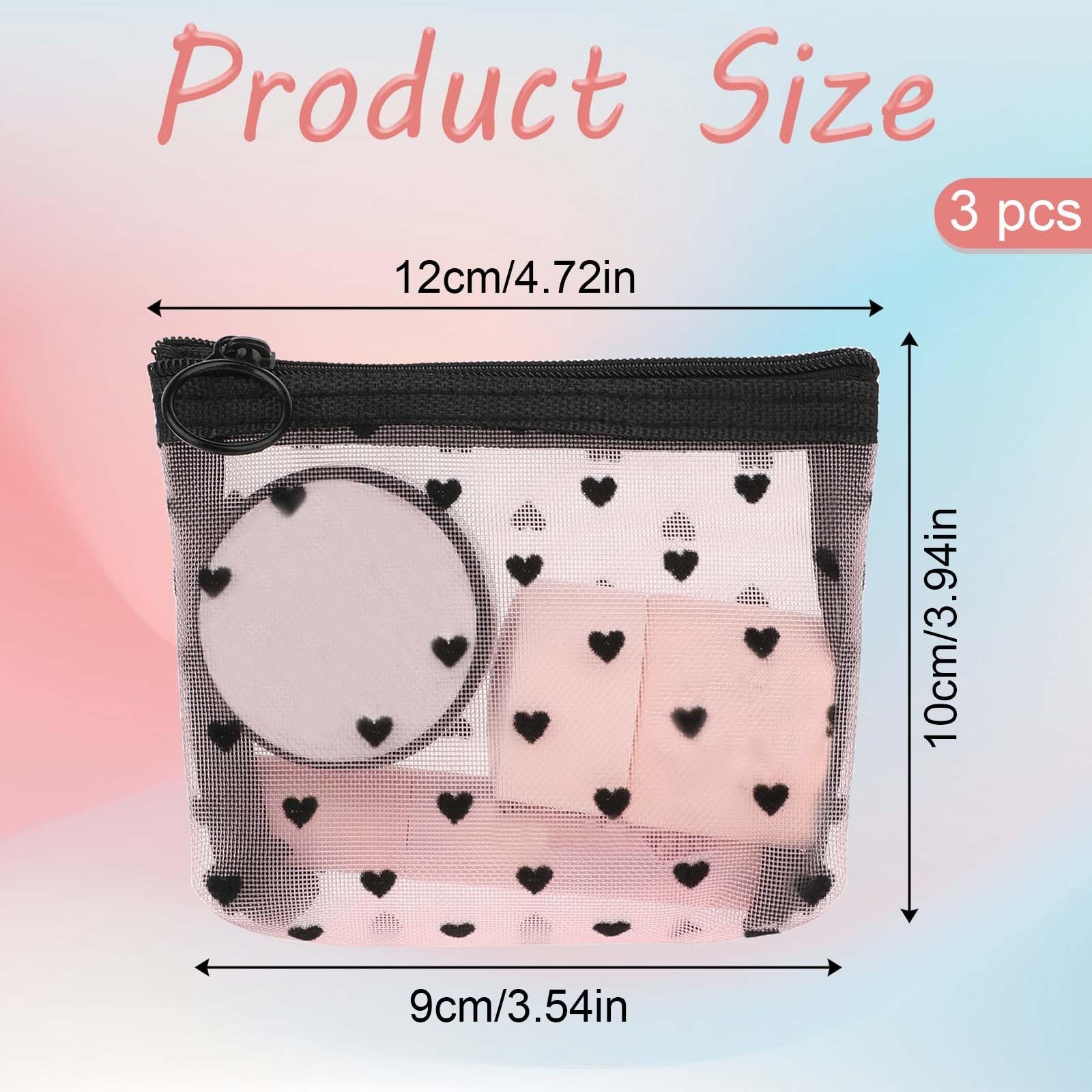 3Pcs Mini Cosmetic Bags, Heart 9.84 x 7.09 x 0.59 inches, White, Pink, Black