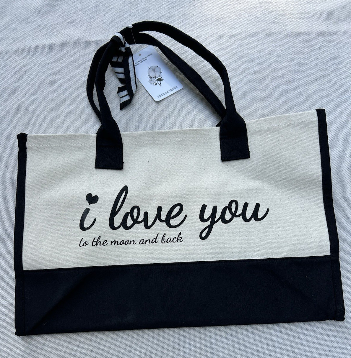 TOPDesign Cotton Canvas Tote Bag Beige/Black Reusable Graphic Print 16x11x6