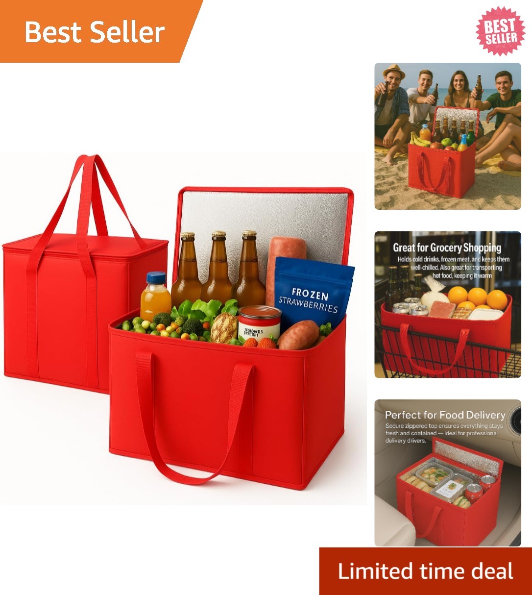 2-Pack XL Insulated Grocery Bags Red – Heavy Duty, Zippered & Eco-Friendly
