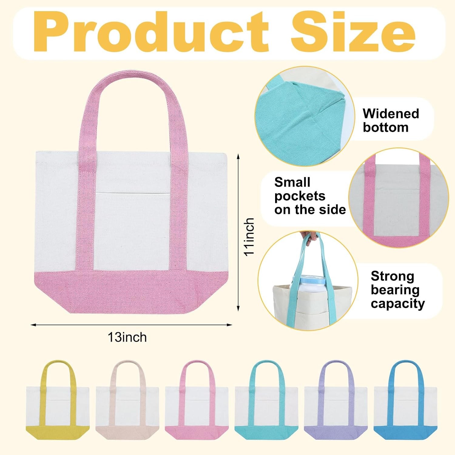 6 Pcs Mini Canvas Tote Bags 13″ x 11″ x 6″ Small Tote Shopping Bag Bulk with