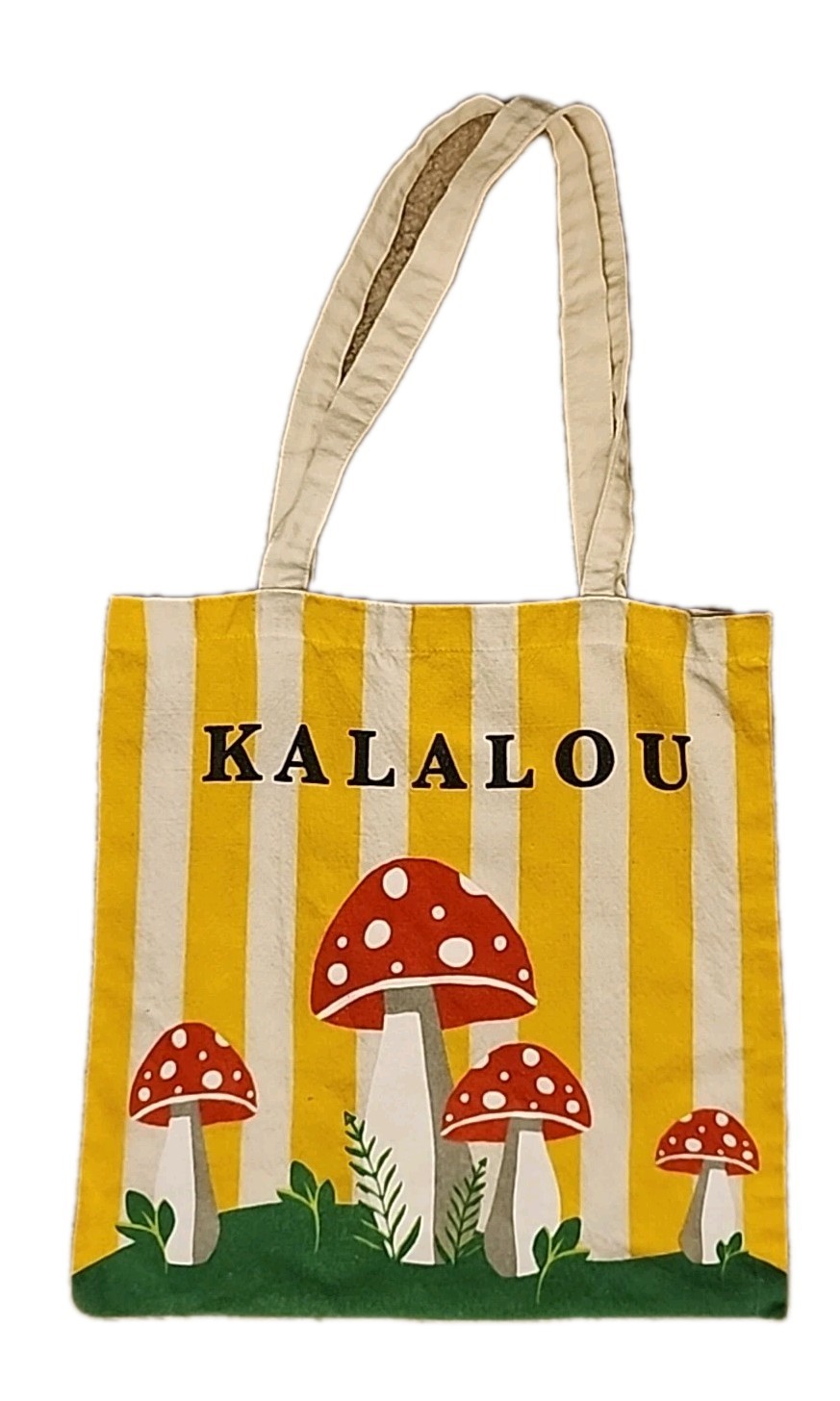 Kalalou Striped Mushroom Print Canvas Reusable Tote Bag Striped Poka-Dot Cotton